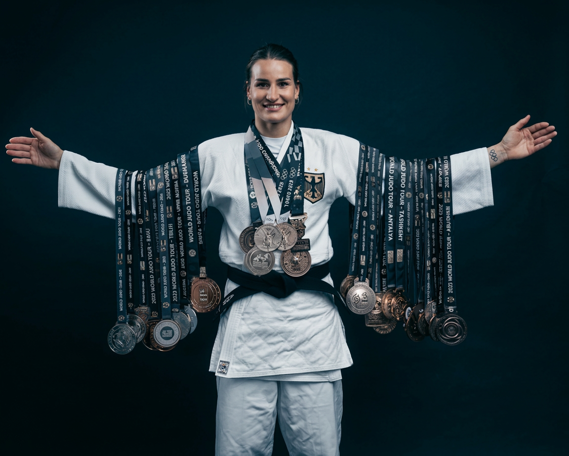 Judoka in Sportkleidung präsentiert zahlreiche Medaillen vor dunklem Hintergrund.